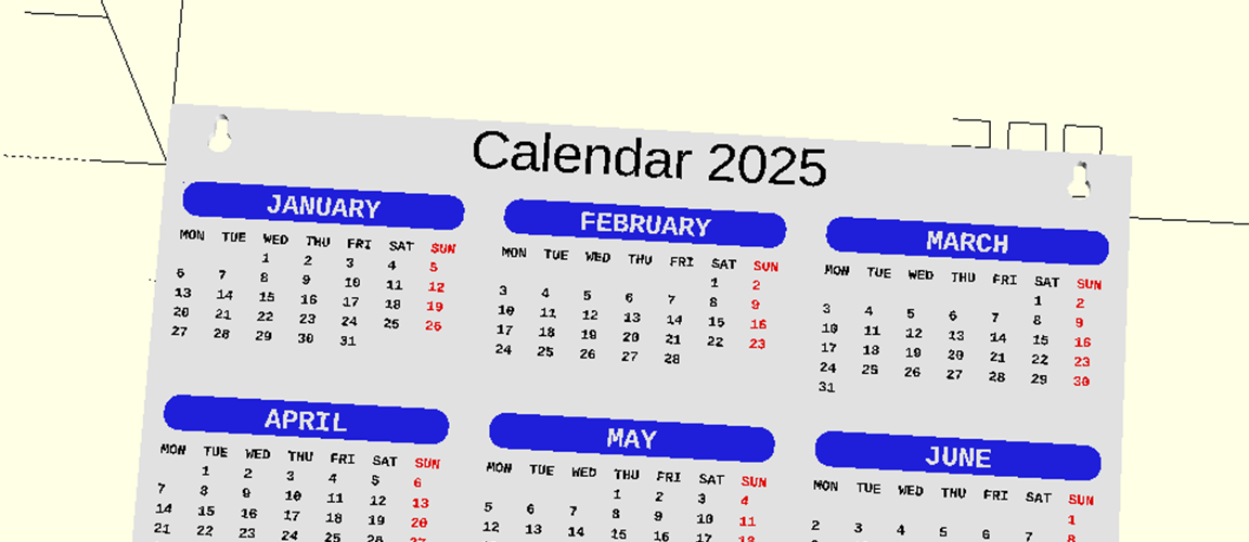 OpenSCAD configurable calendar 3D model