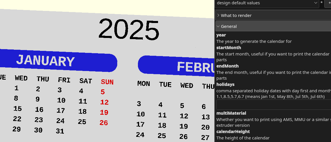 A calendar model screenshot for year 2025, showing that the Jan 1st is a Wednesday