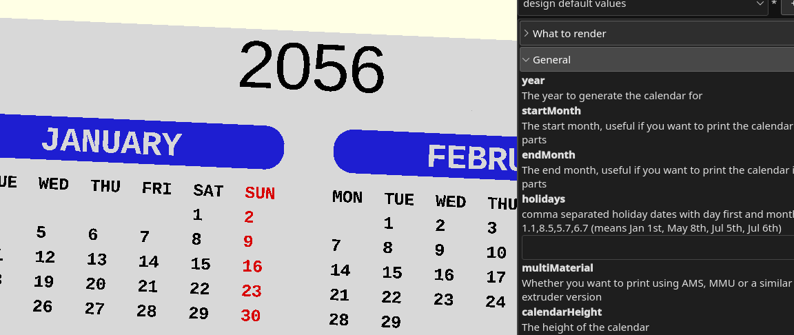 A screenshot of a 3D model showing that Jan 1st 2056 is a Saturday